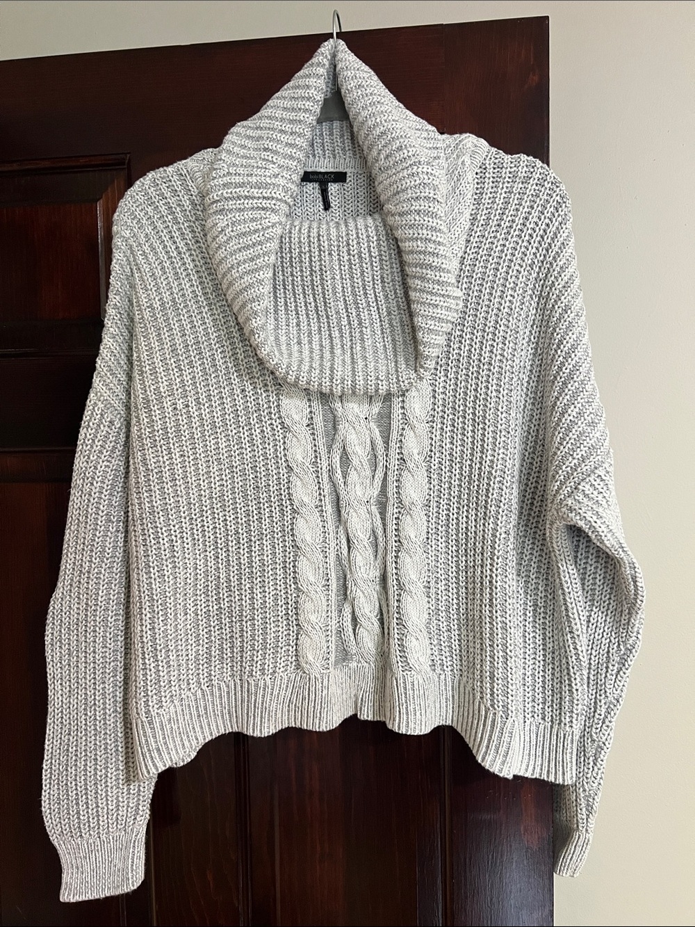 Cropped Chunky Cable Knit 100% Cotton Cowlneck Sweater - Light Gray